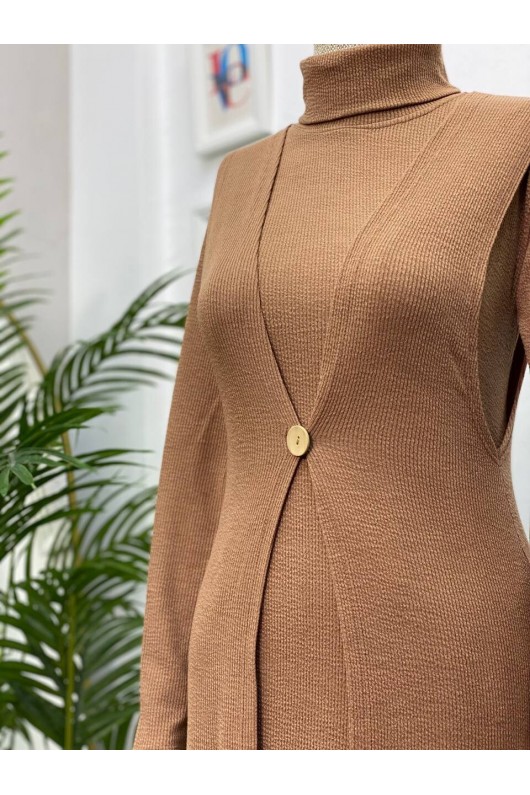 4440 - Yelek Elbise Tesettür İkili Takım Camel-H3