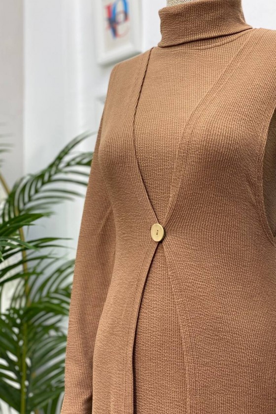 4440 - Yelek Elbise Tesettür İkili Takım Camel-H3