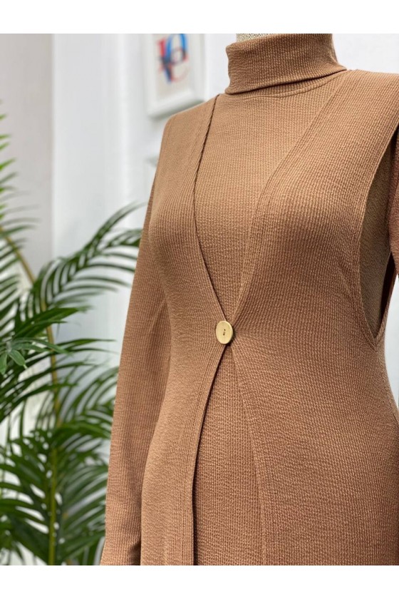 4440 - Yelek Elbise Tesettür İkili Takım Camel-H3