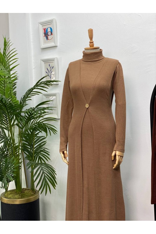 4440 - Yelek Elbise Tesettür İkili Takım Camel-H3