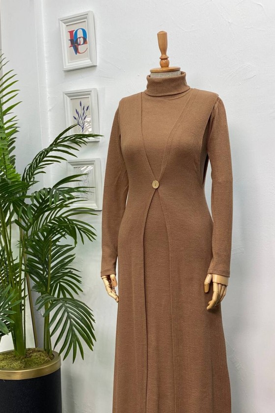 4440 - Yelek Elbise Tesettür İkili Takım Camel-H3