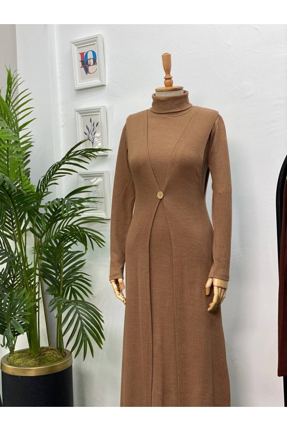 4440 - Yelek Elbise Tesettür İkili Takım Camel-H3