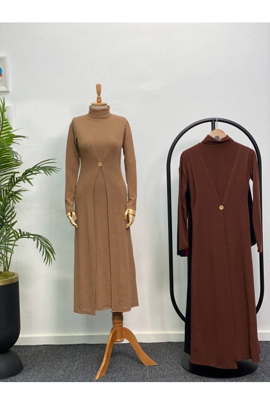 4440 - Yelek Elbise Tesettür İkili Takım Camel-H3
