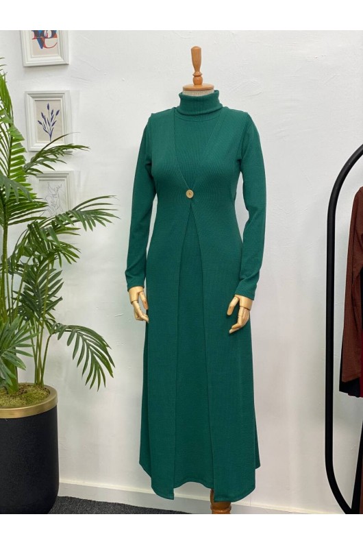 4440 - Yelek Elbise Tesettür İkili Takım Yeşi̇l-H3