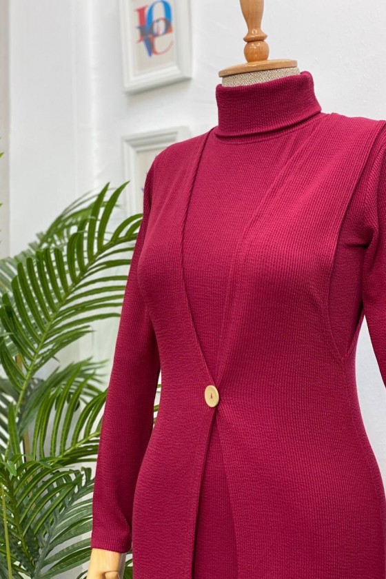 4440 - Yelek Elbise Tesettür İkili Takım Bordo-H3