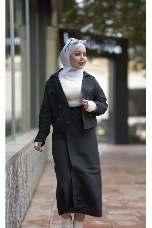 0142 - Tesettür Trençkot Si̇yah-I8 0142 - Tesettür Trençkot Si̇yah-I8