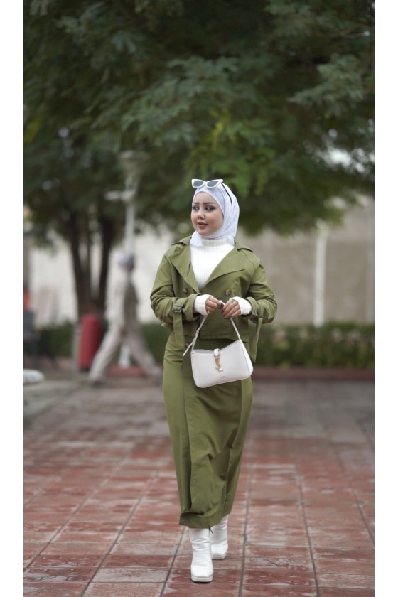 0142 - Tesettür Trençkot Haki̇-I8 0142 - Tesettür Trençkot Haki̇-I8