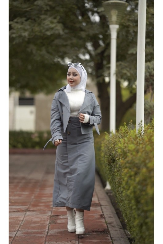 0142 - Tesettür Trençkot Gri̇-I8