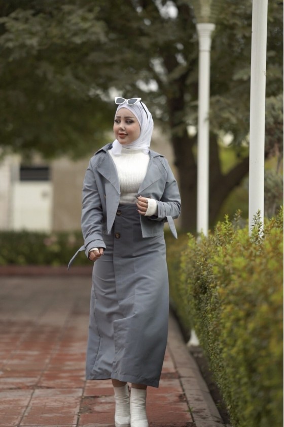 0142 - Tesettür Trençkot Gri̇-I8