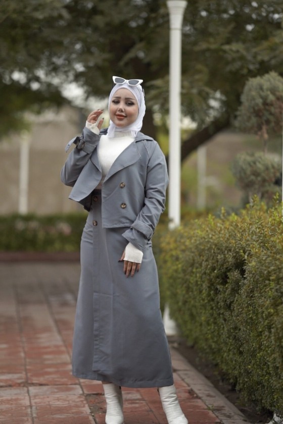 0142 - Tesettür Trençkot Gri̇-I8