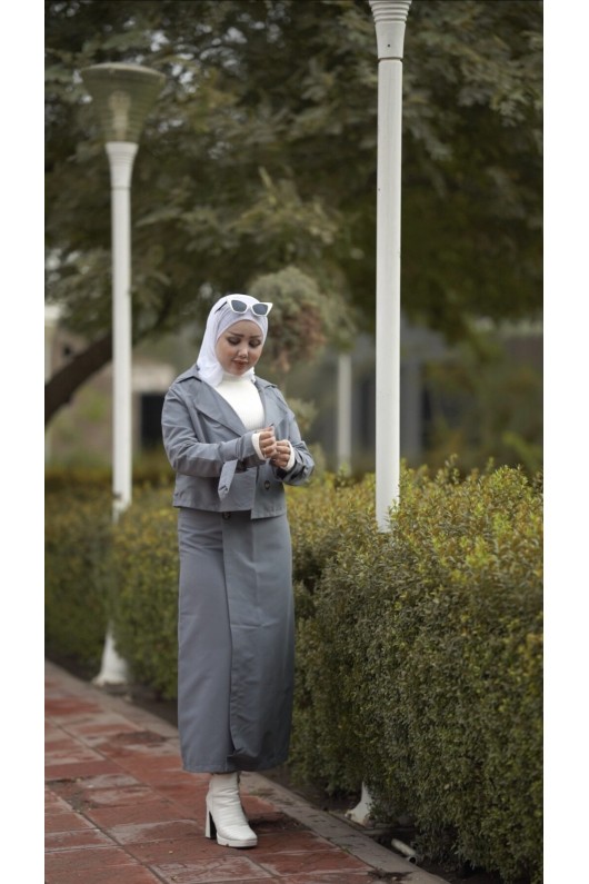 0142 - Tesettür Trençkot Gri̇-I8