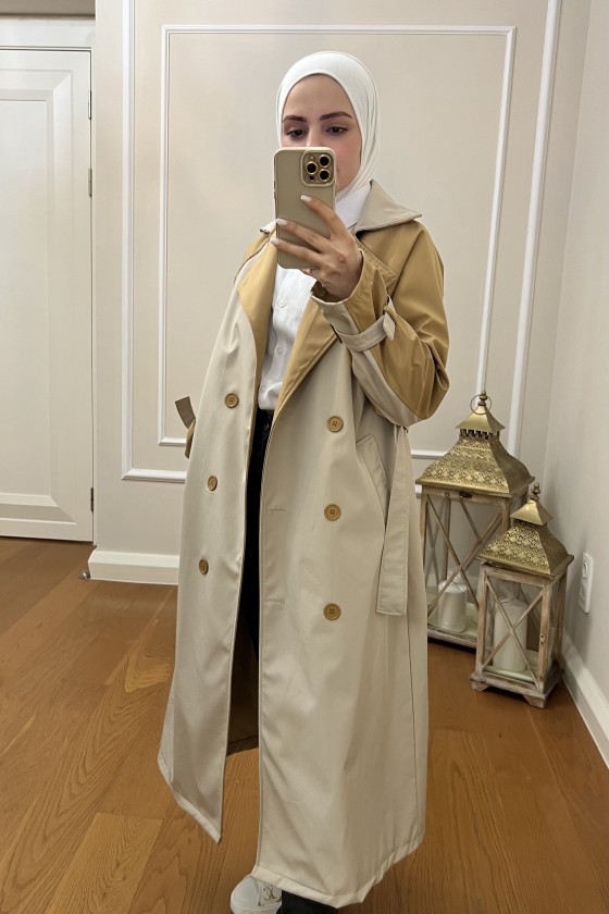4406 - Tesettür Trençkot Bej-I2