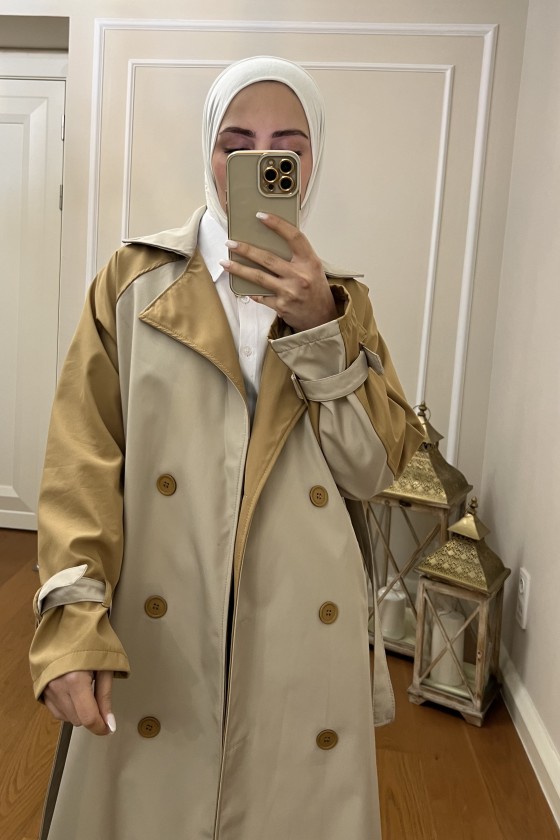4406 - Tesettür Trençkot Bej-I2
