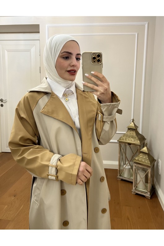 4406 - Tesettür Trençkot Bej-I2