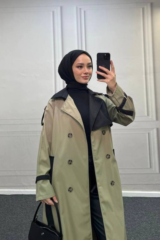 4407 - Çift Renk Tesettür Trençkot Haki̇-I5