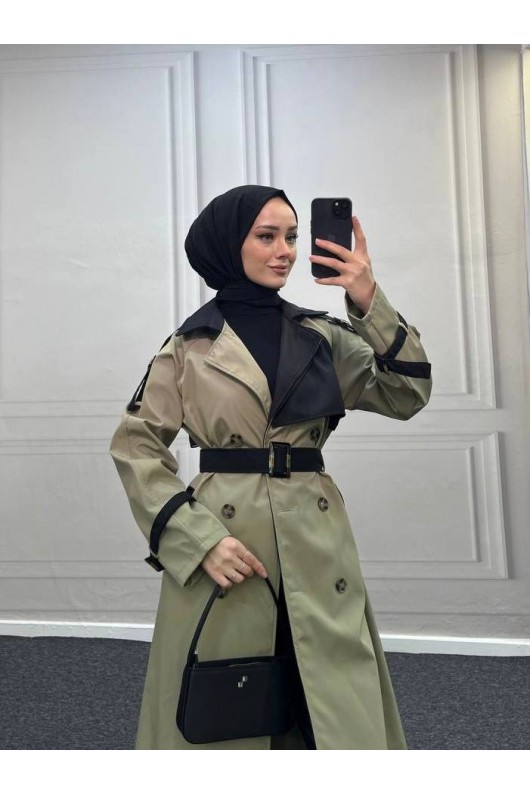 4407 - Çift Renk Tesettür Trençkot Haki̇-I5