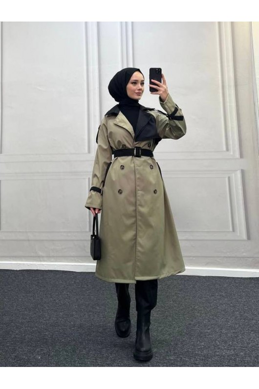 4407 - Çift Renk Tesettür Trençkot Haki̇-I5