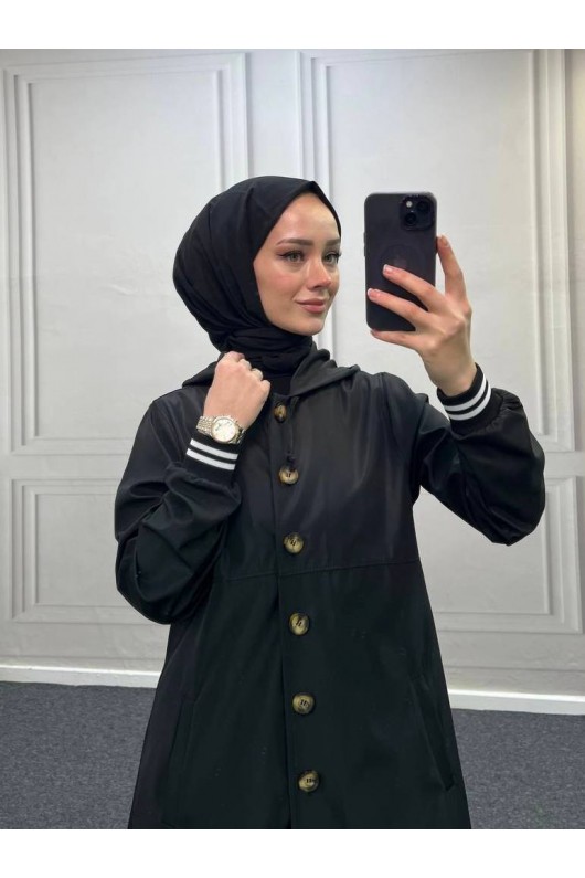 4435 - Kapüşon Detaylı Tesettür Trençkot Si̇yah-H11 4435 - Kapüşon Detaylı Tesettür Trençkot Si̇yah-H11