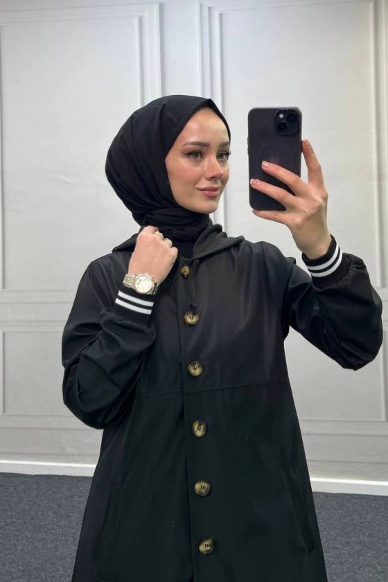 4435 - Kapüşon Detaylı Tesettür Trençkot Si̇yah-H11