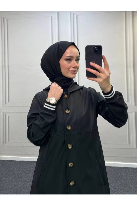 4435 - Kapüşon Detaylı Tesettür Trençkot Si̇yah-H11