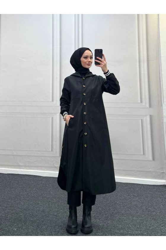 4435 - Kapüşon Detaylı Tesettür Trençkot Si̇yah-H11 4435 - Kapüşon Detaylı Tesettür Trençkot Si̇yah-H11