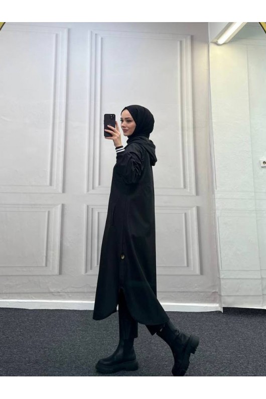 4435 - Kapüşon Detaylı Tesettür Trençkot Si̇yah-H11 4435 - Kapüşon Detaylı Tesettür Trençkot Si̇yah-H11