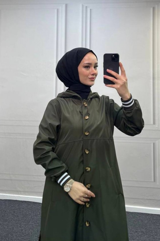 4435 - Kapüşon Detaylı Tesettür Trençkot Haki̇-H11