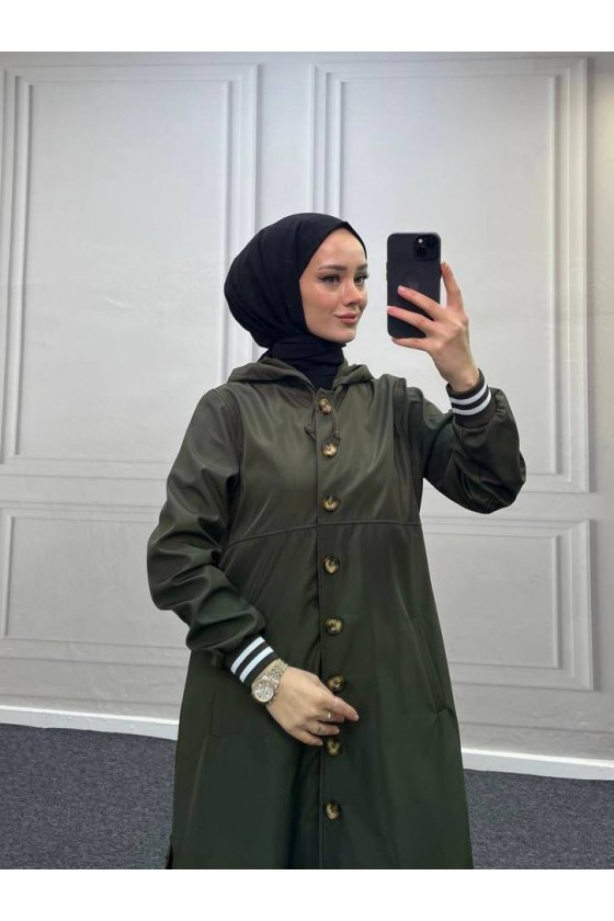 4435 - Kapüşon Detaylı Tesettür Trençkot Haki̇-H11