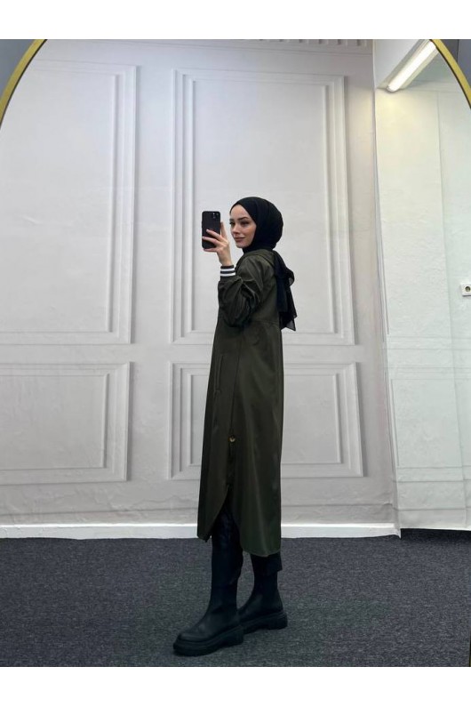 4435 - Kapüşon Detaylı Tesettür Trençkot Haki̇-H11