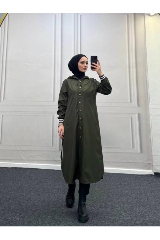4435 - Kapüşon Detaylı Tesettür Trençkot Haki̇-H11