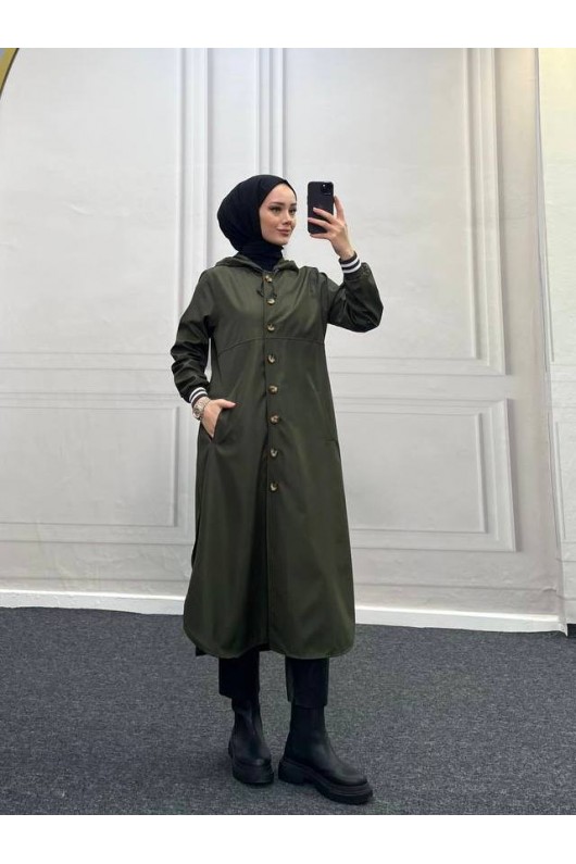 4435 - Kapüşon Detaylı Tesettür Trençkot Haki̇-H11