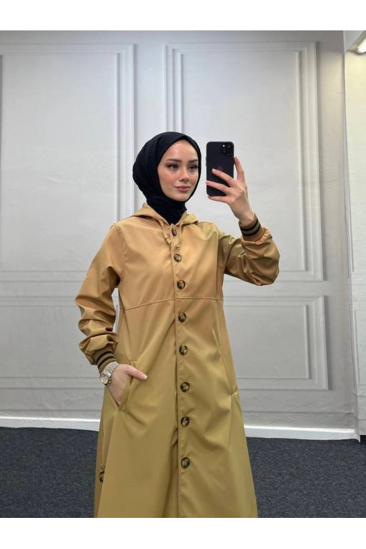 4435 - Kapüşon Detaylı Tesettür Trençkot Camel-H11