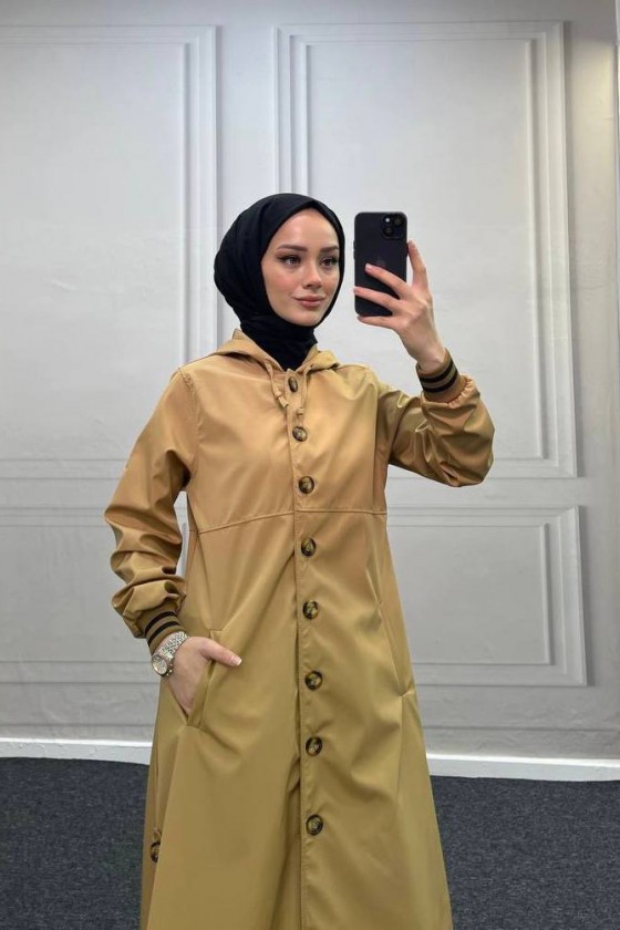 4435 - Kapüşon Detaylı Tesettür Trençkot Camel-H11