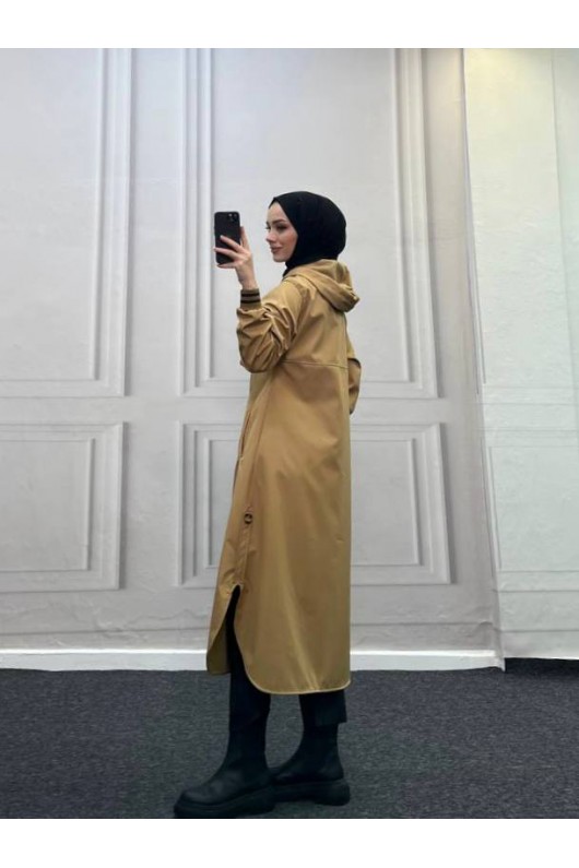 4435 - Kapüşon Detaylı Tesettür Trençkot Camel-H11