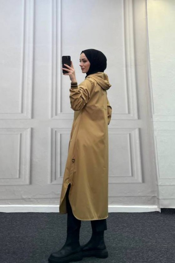 4435 - Kapüşon Detaylı Tesettür Trençkot Camel-H11
