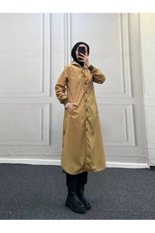 4435 - Kapüşon Detaylı Tesettür Trençkot Camel-H11