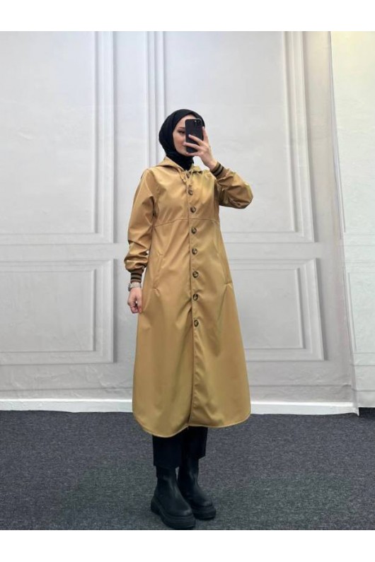 4435 - Kapüşon Detaylı Tesettür Trençkot Camel-H11
