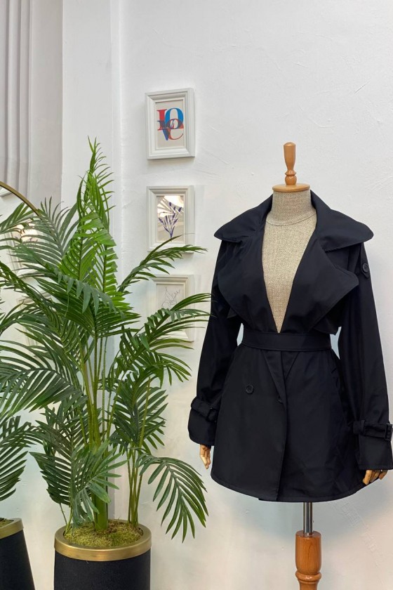 4451 - Düğmeli Tesettür Trençkot Si̇yah-K2