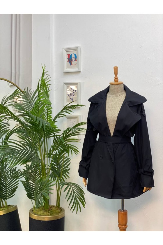 4451 - Düğmeli Tesettür Trençkot Si̇yah-K2