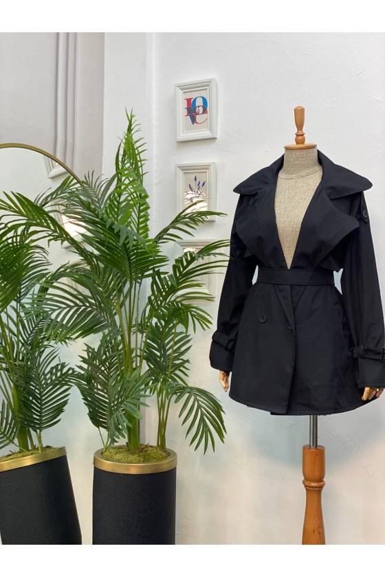 4451 - Düğmeli Tesettür Trençkot Si̇yah-K2