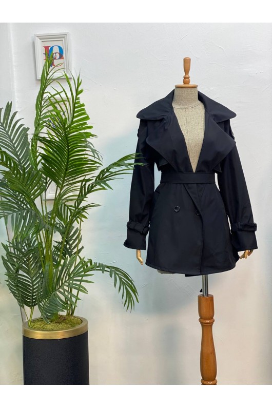 4451 - Düğmeli Tesettür Trençkot Si̇yah-K2