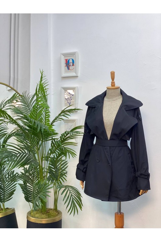 4451 - Düğmeli Tesettür Trençkot Si̇yah-K2