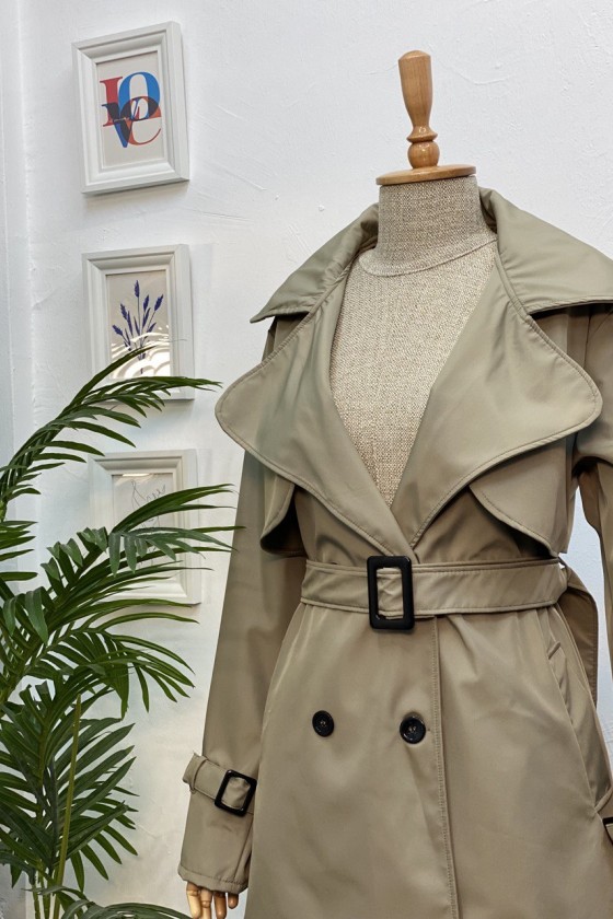 4451 - Düğmeli Tesettür Trençkot Haki̇-K2