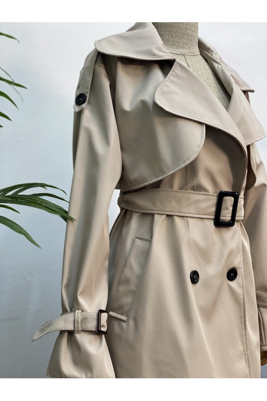 4451 - Düğmeli Tesettür Trençkot Bej-K2