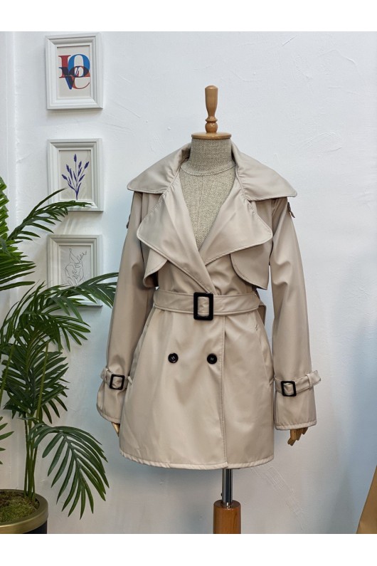 4451 - Düğmeli Tesettür Trençkot Bej-K2