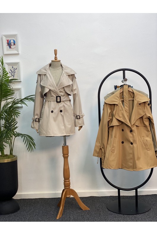 4451 - Düğmeli Tesettür Trençkot Bej-K2