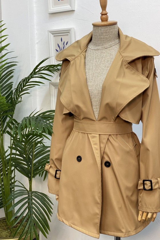 4451 - Düğmeli Tesettür Trençkot Taba-K2