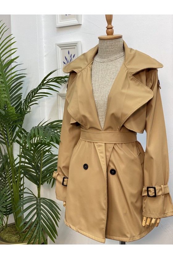 4451 - Düğmeli Tesettür Trençkot Taba-K2