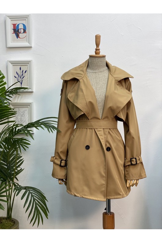 4451 - Düğmeli Tesettür Trençkot Taba-K2