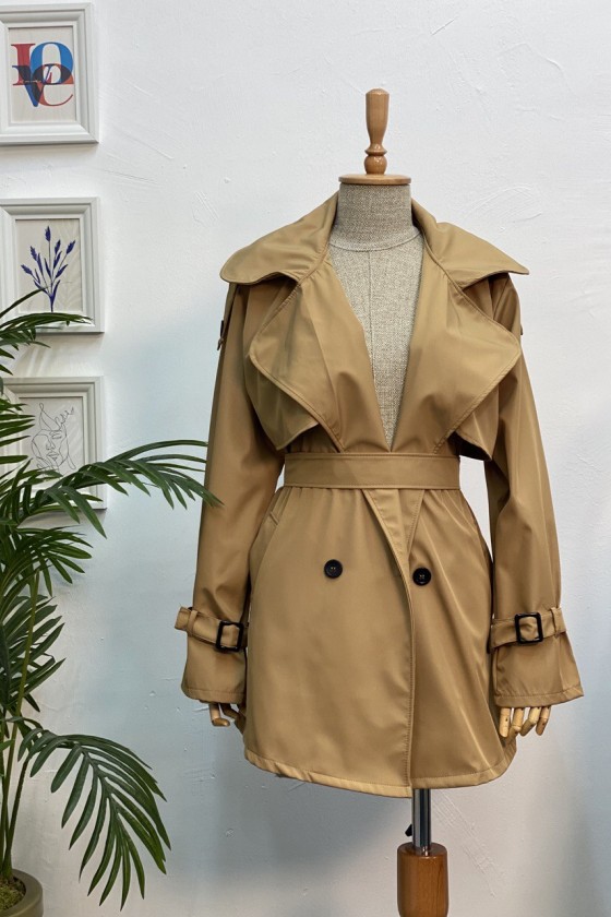 4451 - Düğmeli Tesettür Trençkot Taba-K2